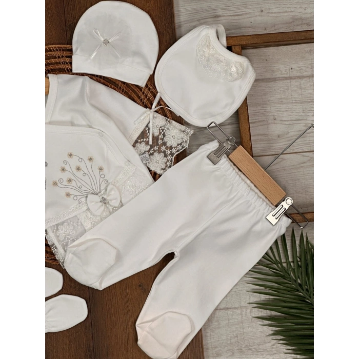 Pamuklu Nakışlı Dantelli Kiz Bebek 5li Hastane Çıkış Seti