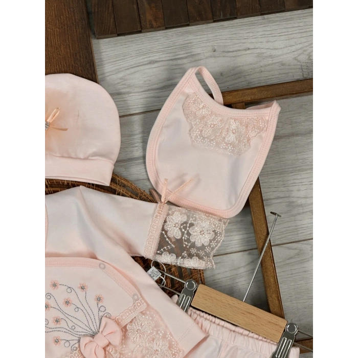 Pamuklu Nakışlı Dantelli Kiz Bebek 5li Hastane Çıkış Seti