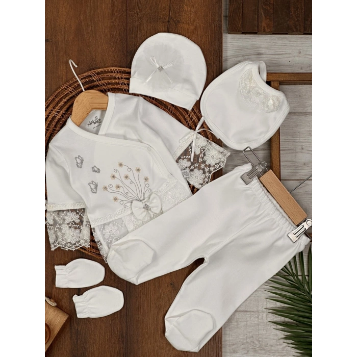 Pamuklu Nakışlı Dantelli Kiz Bebek 5li Hastane Çıkış Seti