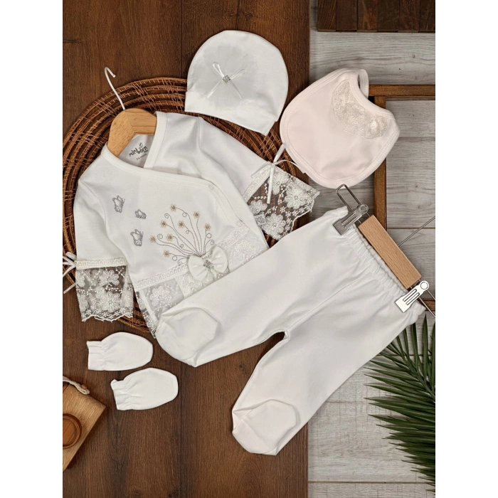 Pamuklu Nakışlı Dantelli Kiz Bebek 5li Hastane Çıkış Seti