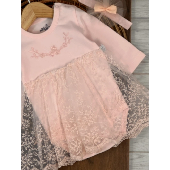 Pamuklu Nakışlı Dantelli Kız Bebek Tulum