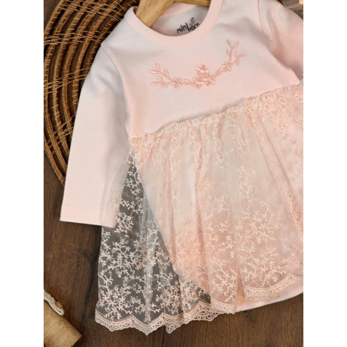 Pamuklu Nakışlı Dantelli Kız Bebek Tulum