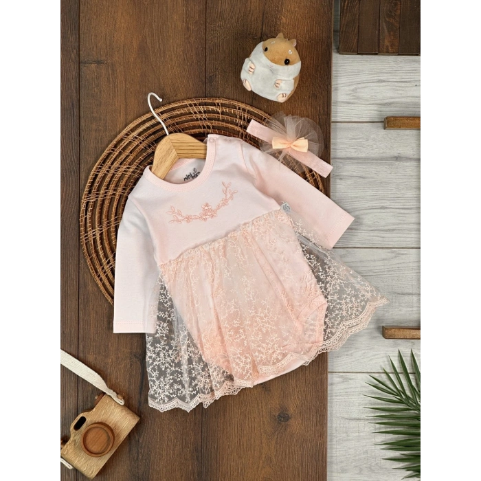 Pamuklu Nakışlı Dantelli Kız Bebek Tulum
