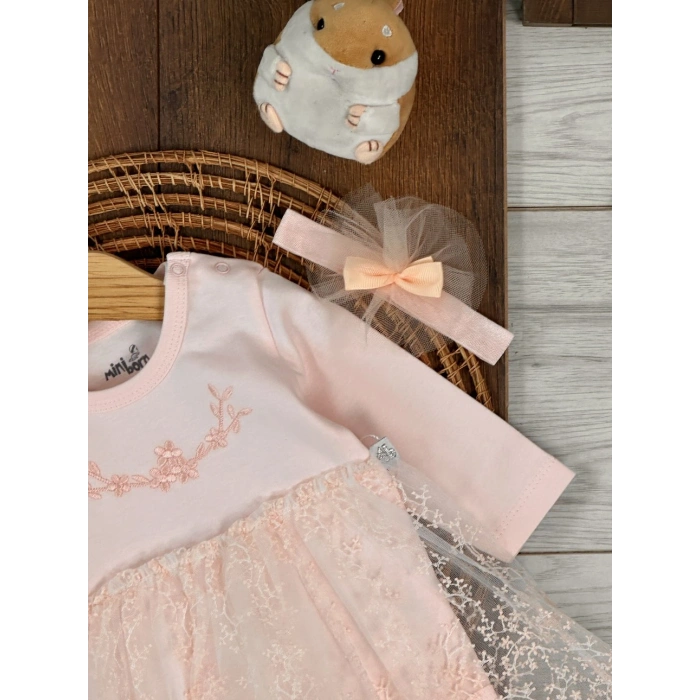 Pamuklu Nakışlı Dantelli Kız Bebek Tulum