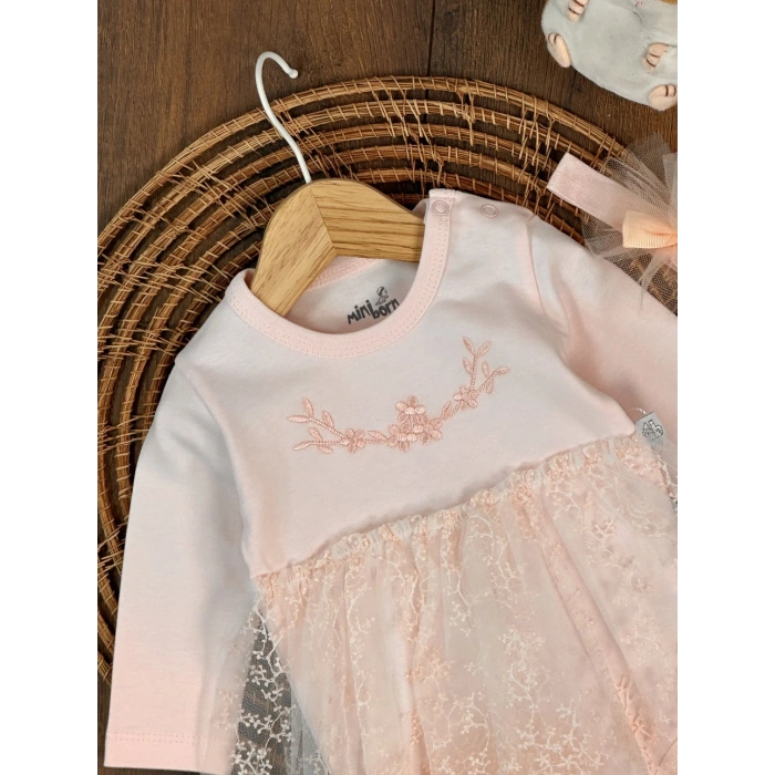 Pamuklu Nakışlı Dantelli Kız Bebek Tulum