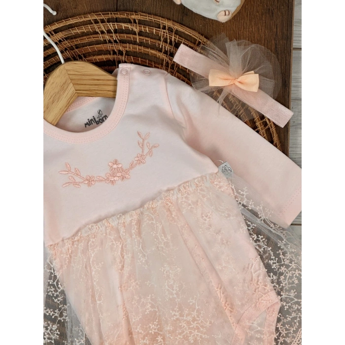 Pamuklu Nakışlı Dantelli Kız Bebek Tulum