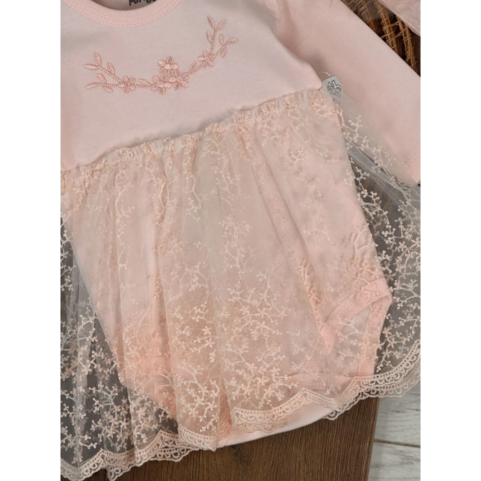 Pamuklu Nakışlı Dantelli Kız Bebek Tulum