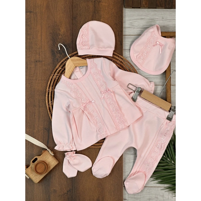 Pamuklu Nakışlı Kız Bebek 5li Hastane Çıkış Seti
