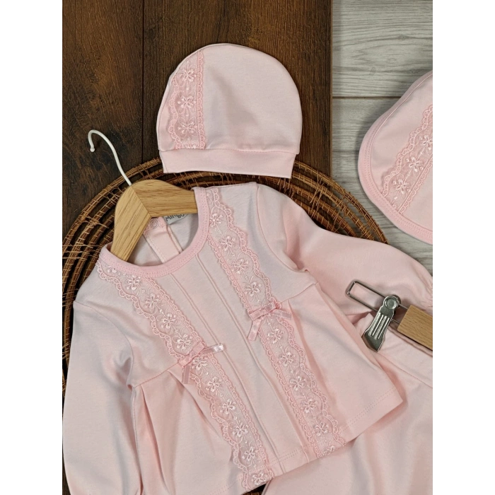 Pamuklu Nakışlı Kız Bebek 5li Hastane Çıkış Seti