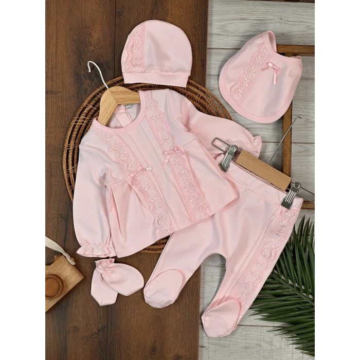 Pamuklu Nakışlı Kız Bebek 5li Hastane Çıkış Seti