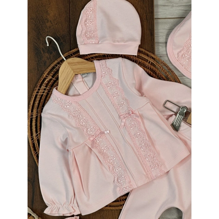 Pamuklu Nakışlı Kız Bebek 5li Hastane Çıkış Seti