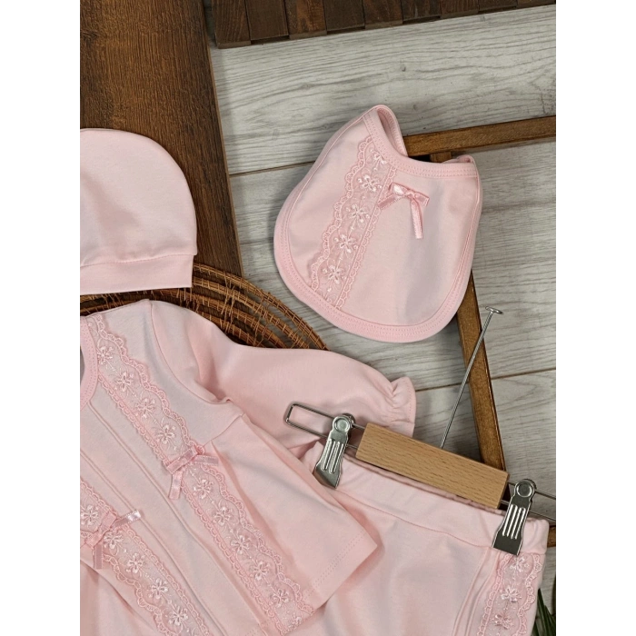 Pamuklu Nakışlı Kız Bebek 5li Hastane Çıkış Seti