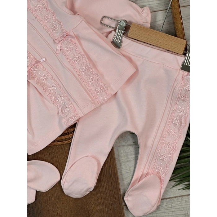 Pamuklu Nakışlı Kız Bebek 5li Hastane Çıkış Seti