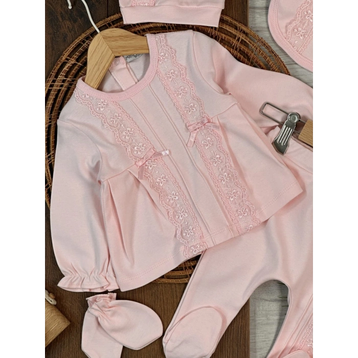 Pamuklu Nakışlı Kız Bebek 5li Hastane Çıkış Seti