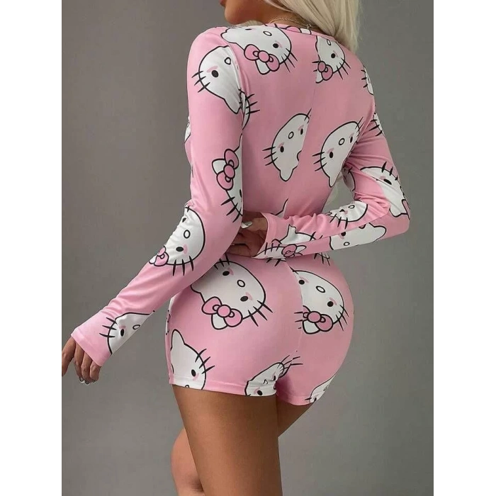Pamuklu Pembe Hello Kitty Desenli Düğmeli Uzun Kol Tulum Pijama