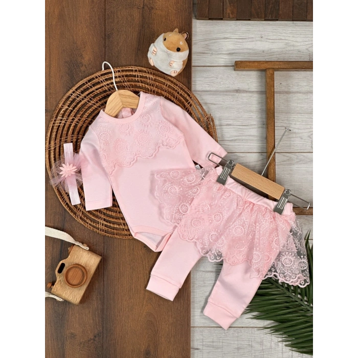 Pamuklu Uzun Kollu Kız Bebek 2li Takım