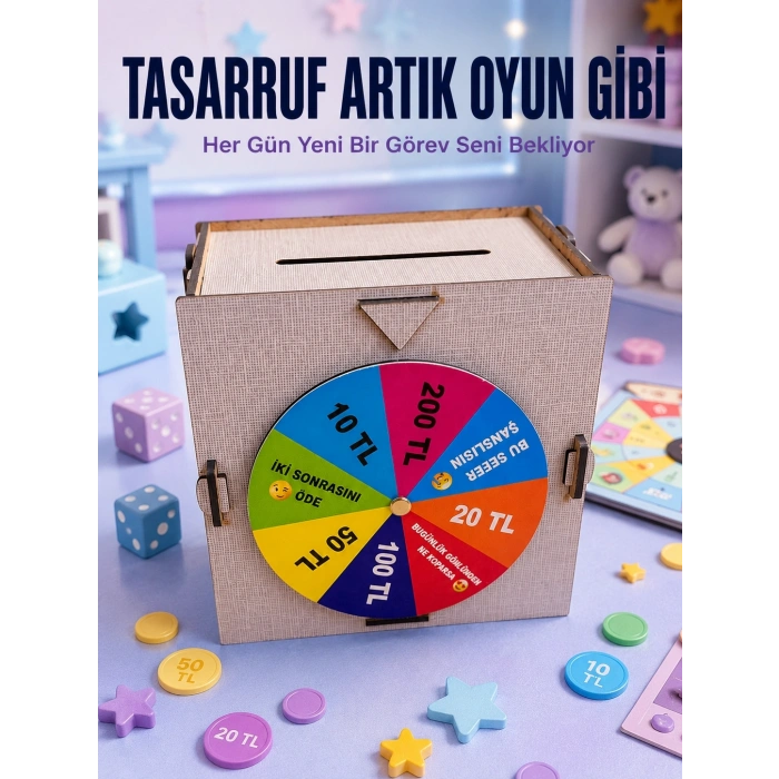 Para Biriktirme Challenge Kutusu Eğlenceli Şans Çarkı Ahşap Tasarruf Kumbarası