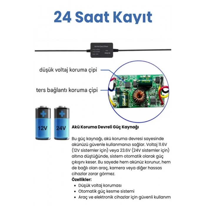 Park Modu Kablosu Type-c Akü Sigorta Bağlantı Kablosu Araç İçi Kamera Tüm Kameralara Uyumlu