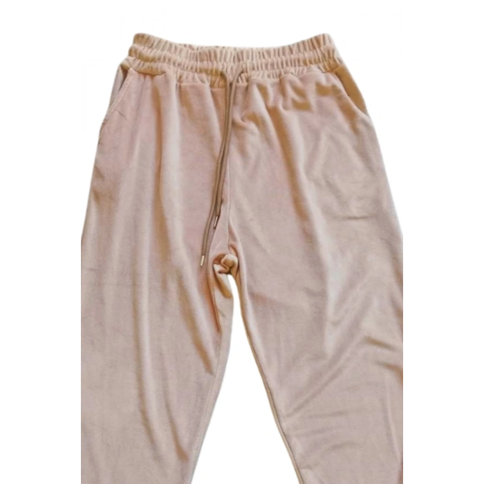 Parlak Kadife Cepli Pantolon Eşofman Pijama Altı Unisex Lastikli Paça Bej