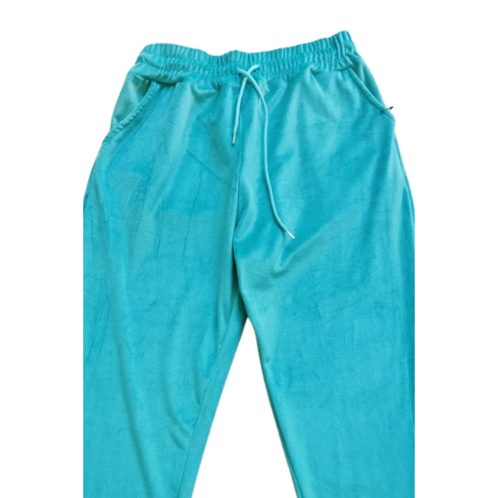 Parlak Kadife Cepli Pantolon Eşofman Pijama Altı Unisex Lastikli Paça Yeşil