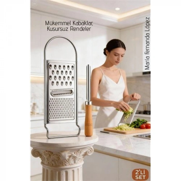 Paslanmaz Çelik El Rendesi ve Ahşap Saplı Kabak Oyacağı - 2li Profesyonel Mutfak Hazırlık Seti