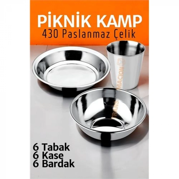 Paslanmaz Çelik Tabak Kase Bardak Seti Kamp Piknik Seti 18 Adet