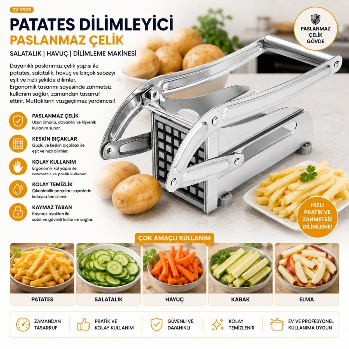 PATATO-CHIPPER MANUEL PATATES - SEBZE DİLİMLEME MAKİNESİ KOMPLE METAL ÜSTTEN KOLLU (4887)