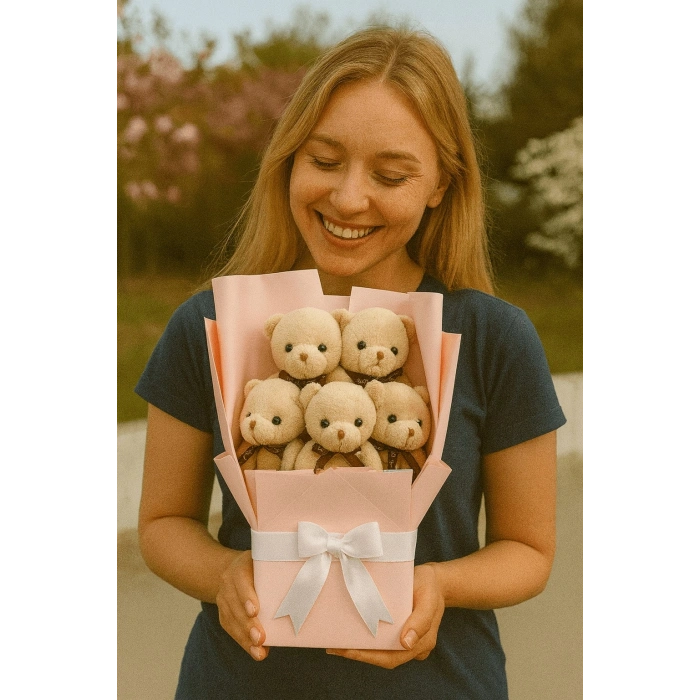 Peluş Ayıcık Buketi A.Kahve – 5’li Sevimli Teddy Bear Aranjmanı | Hediyelik ve Dekoratif