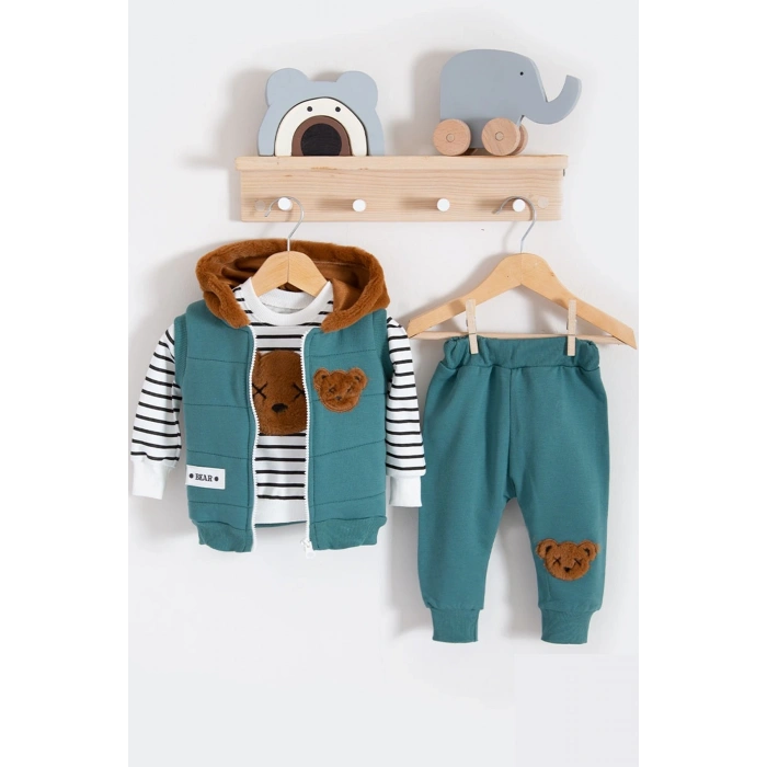 Peluş Ayıcık Desenli Kapişonlu 3lü Erkek Bebek Takımı