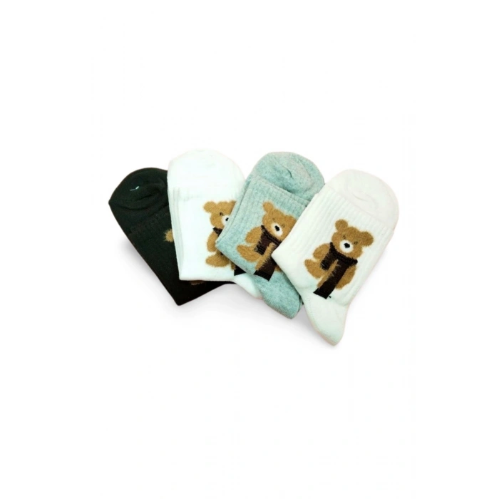 Peluş Ayıcık İşlemeli Kadın Soket Çorap 4 Çift mudanis