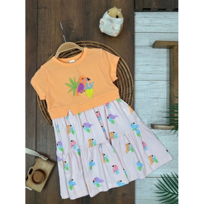 PEMBE BİSİKLET YAKA KISA KOLLU PAMUKLU PEMBE KIZ ÇOCUK & BEBEK ELBİSE