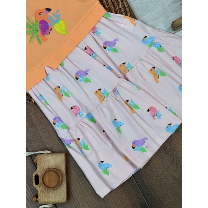 PEMBE BİSİKLET YAKA KISA KOLLU PAMUKLU PEMBE KIZ ÇOCUK & BEBEK ELBİSE