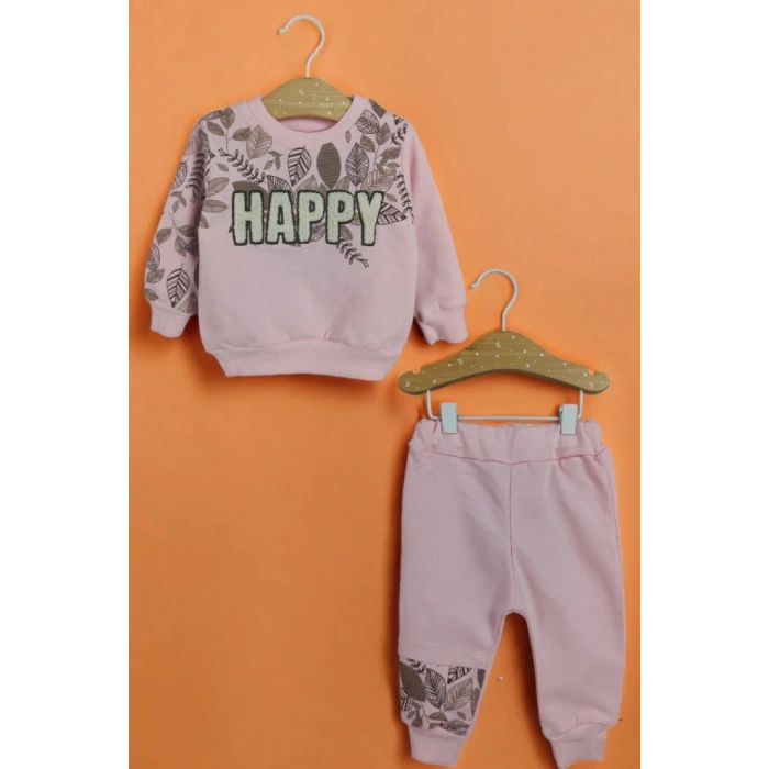 PEMBE BİSİKLET YAKA UZUN KOLLU  LASTİKLİ BEL PAÇA ŞAPKALI KIZ ÇOCUK & BEBEK ALT ÜST TAKIM