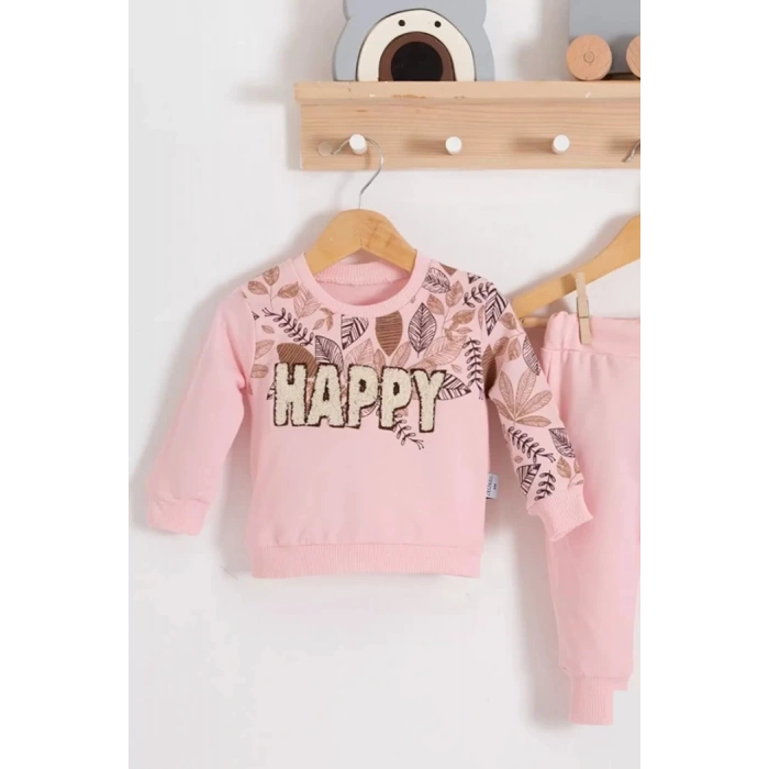 PEMBE BİSİKLET YAKA UZUN KOLLU  LASTİKLİ BEL PAÇA ŞAPKALI KIZ ÇOCUK & BEBEK ALT ÜST TAKIM