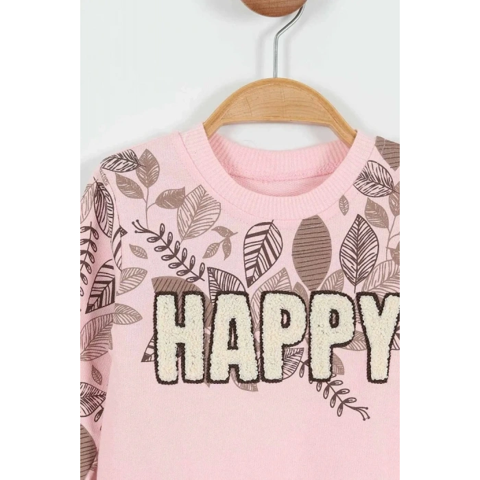 PEMBE BİSİKLET YAKA UZUN KOLLU  LASTİKLİ BEL PAÇA ŞAPKALI KIZ ÇOCUK & BEBEK ALT ÜST TAKIM