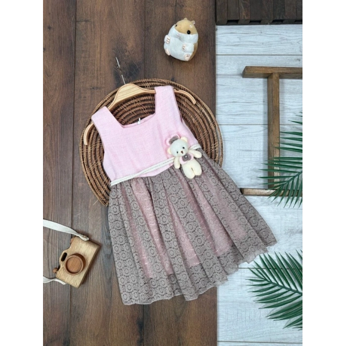 PEMBE KAHVERENGI ASKILI KOL AYICIK DETAYLI ŞIK BELDEN BAĞLAMALI ELBISE