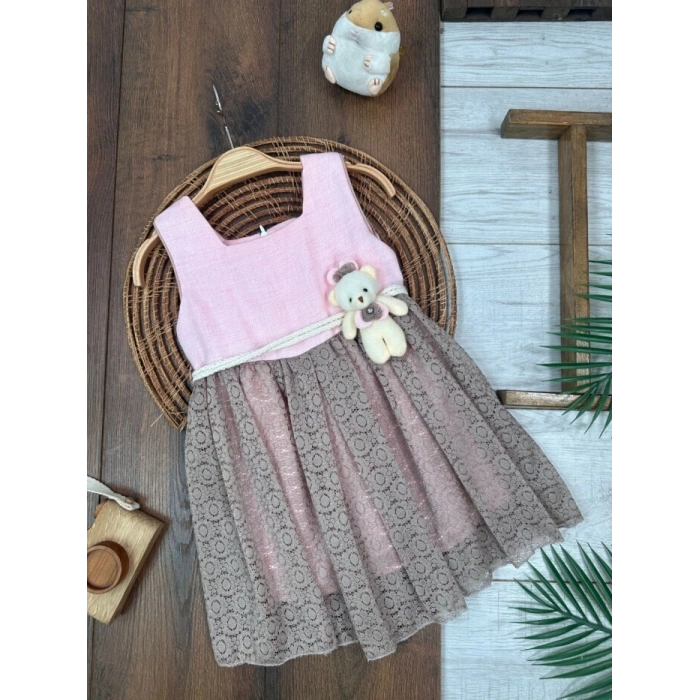 PEMBE KAHVERENGI ASKILI KOL AYICIK DETAYLI ŞIK BELDEN BAĞLAMALI ELBISE