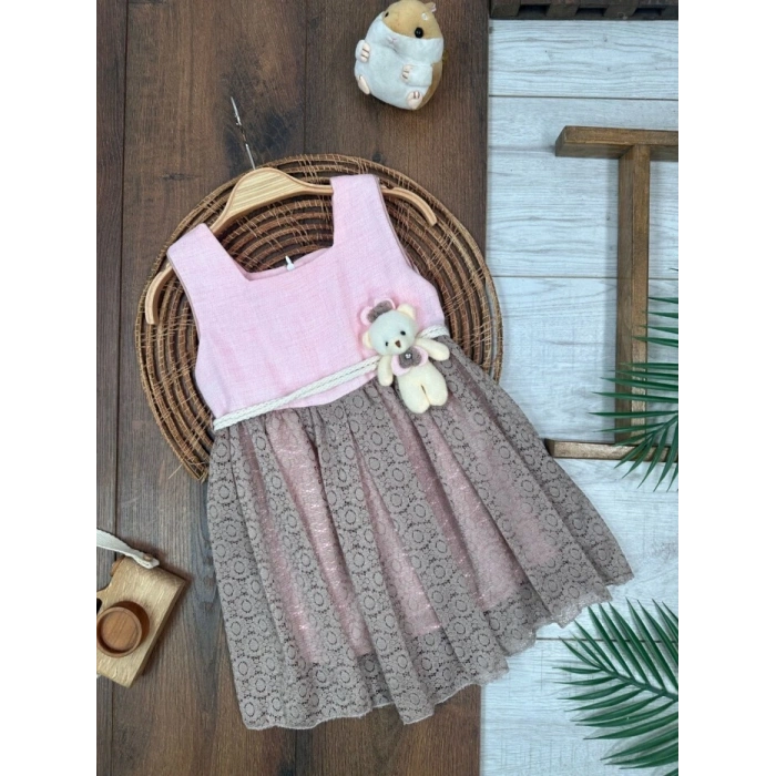 PEMBE KAHVERENGI ASKILI KOL AYICIK DETAYLI ŞIK BELDEN BAĞLAMALI ELBISE