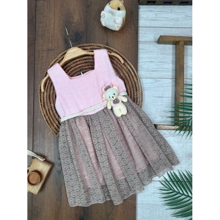 PEMBE KAHVERENGI ASKILI KOL AYICIK DETAYLI ŞIK BELDEN BAĞLAMALI ELBISE