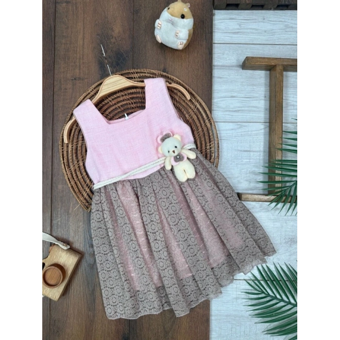 PEMBE KAHVERENGI ASKILI KOL AYICIK DETAYLI ŞIK BELDEN BAĞLAMALI ELBISE