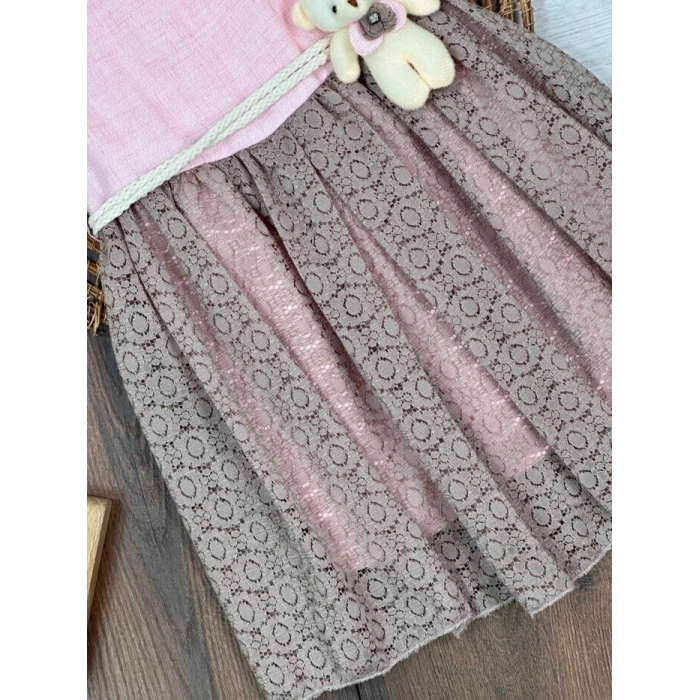 PEMBE KAHVERENGI ASKILI KOL AYICIK DETAYLI ŞIK BELDEN BAĞLAMALI ELBISE