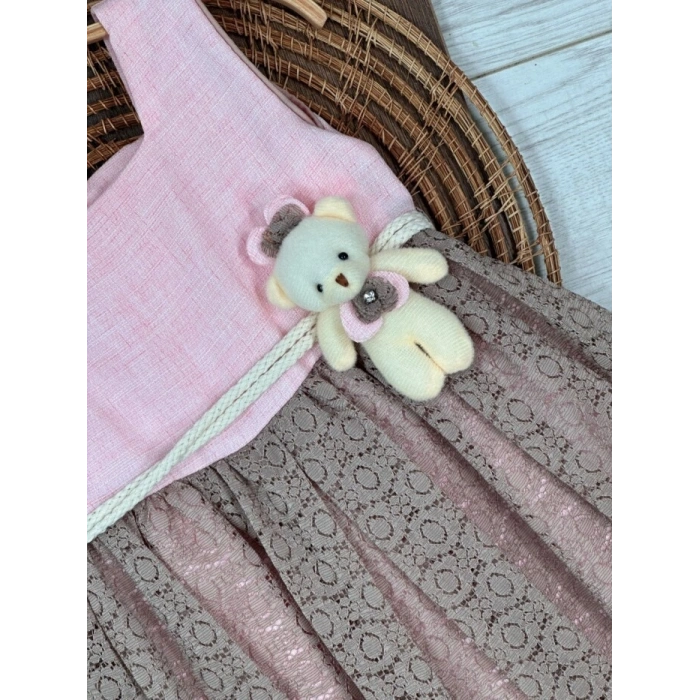 PEMBE KAHVERENGI ASKILI KOL AYICIK DETAYLI ŞIK BELDEN BAĞLAMALI ELBISE