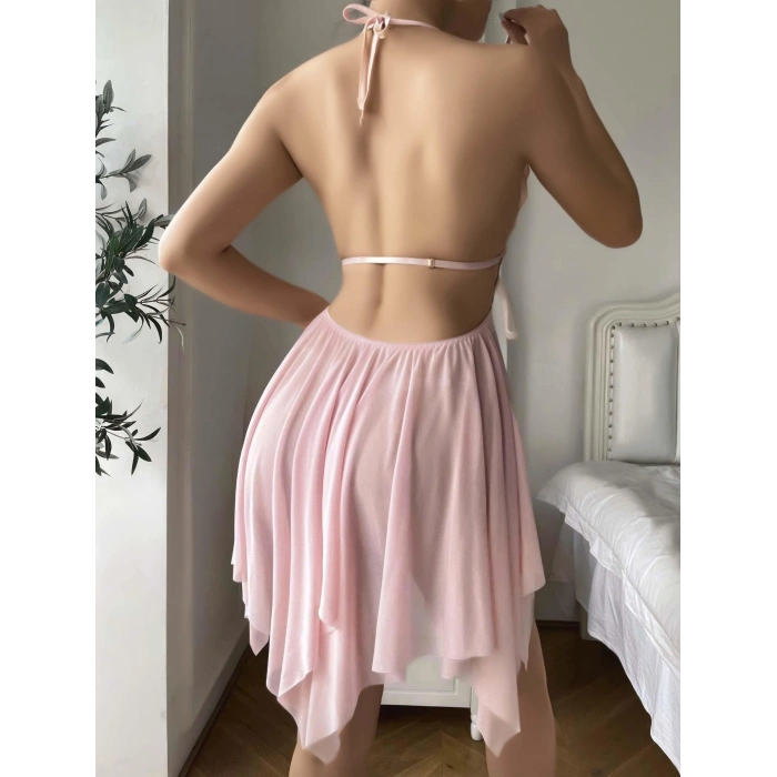 Pembe Kelebek İşlemeli Tül Fantezi Gecelik