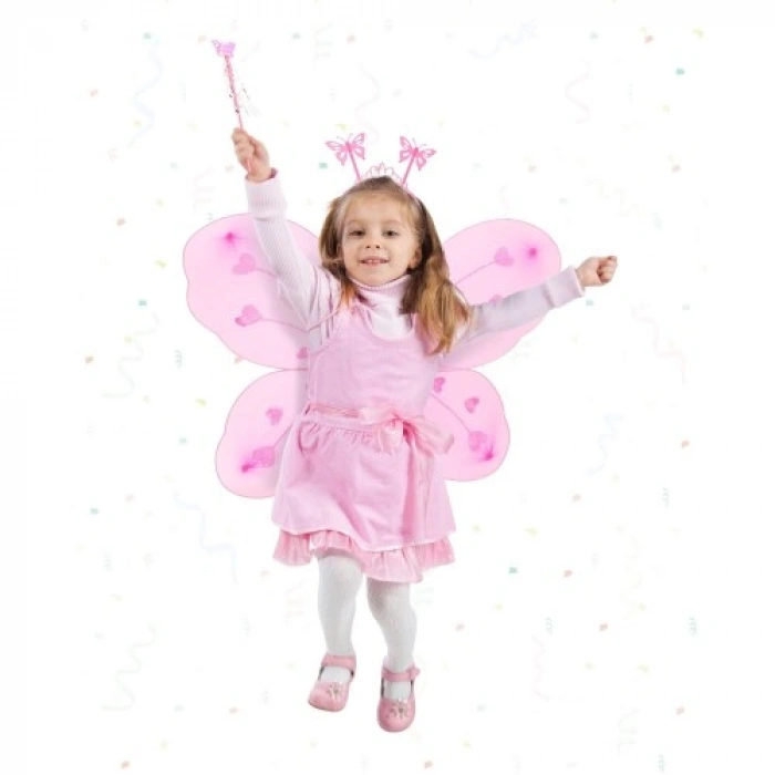 Pembe Kelebek Kız Seti – 50 cm Kelebek Kanadı, Taç ve Asa