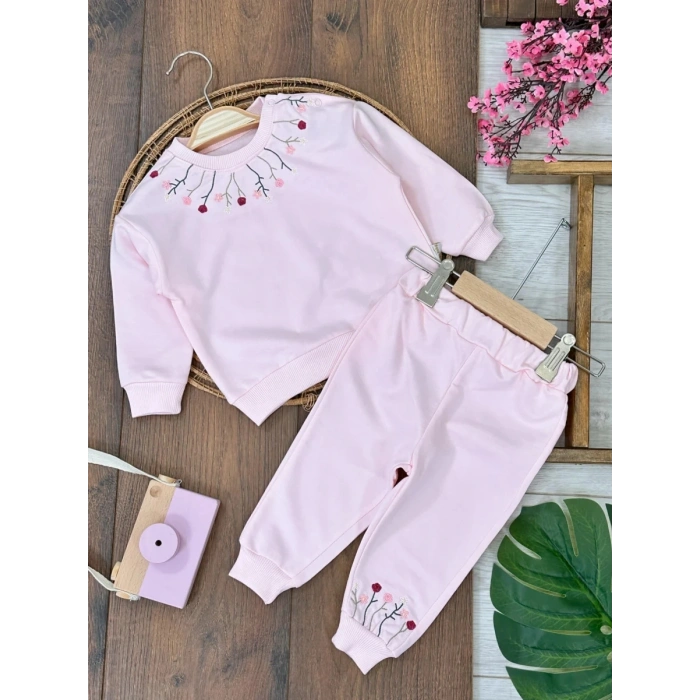 Pembe Kız Bebek Pamuklu Nakışlı Çiçek İşlemeli Lastikli Paça 2 İplik Takım