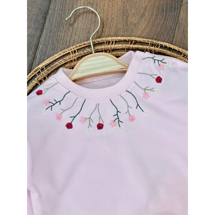 Pembe Kız Bebek Pamuklu Nakışlı Çiçek İşlemeli Lastikli Paça 2 İplik Takım