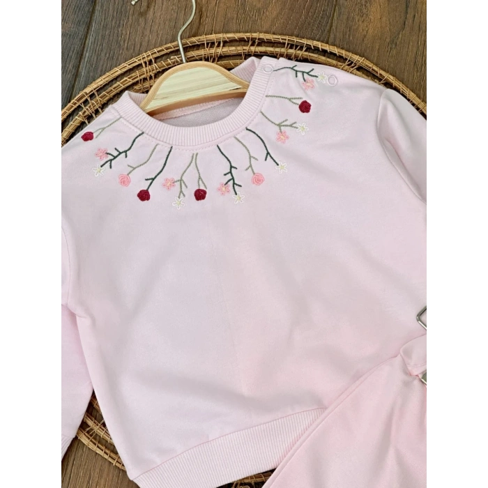 Pembe Kız Bebek Pamuklu Nakışlı Çiçek İşlemeli Lastikli Paça 2 İplik Takım