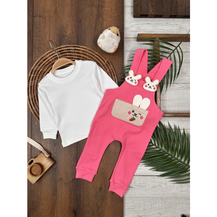 PEMBE KIZ ÇOCUK RAPORLU İNTERLOK KUMAŞ PAMUKLU 2 PARÇA BADİLİ KIZ BEBEK ÇOCUK TULUM