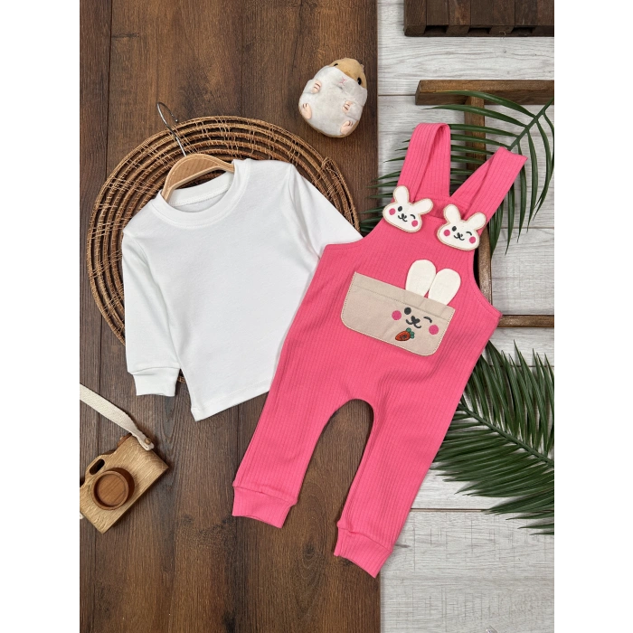 PEMBE KIZ ÇOCUK RAPORLU İNTERLOK KUMAŞ PAMUKLU 2 PARÇA BADİLİ KIZ BEBEK ÇOCUK TULUM