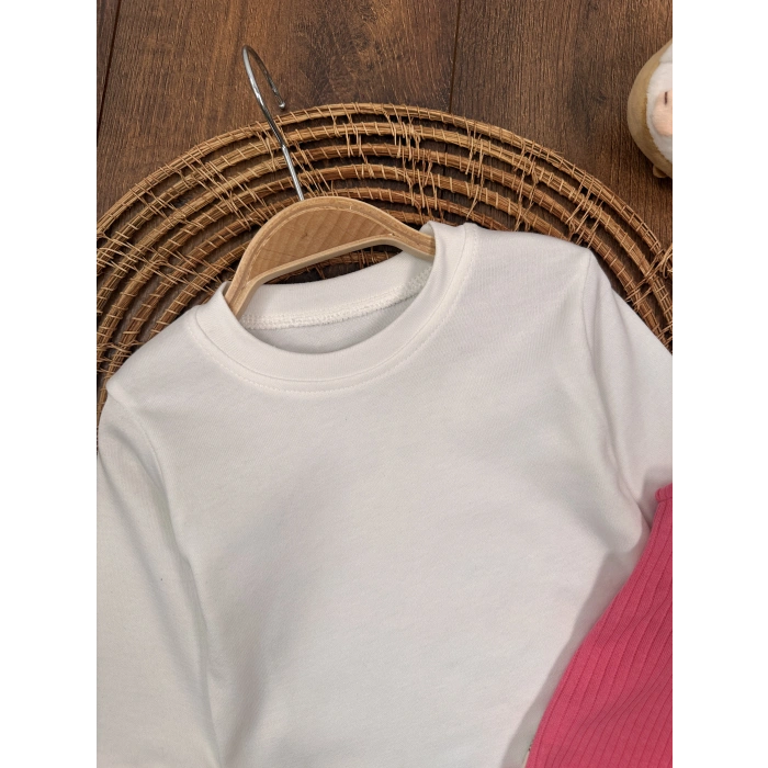 PEMBE KIZ ÇOCUK RAPORLU İNTERLOK KUMAŞ PAMUKLU 2 PARÇA BADİLİ KIZ BEBEK ÇOCUK TULUM